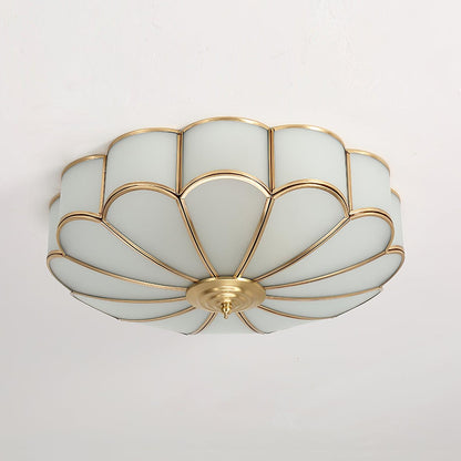 Brass Flower Shape Flush Mount Ceiling Light Frosted Glass Scalloped