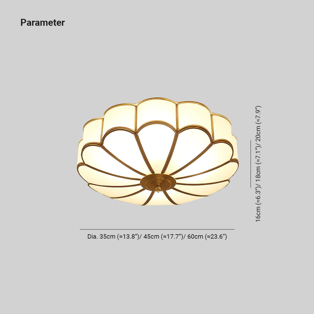 Brass Flower Shape Flush Mount Ceiling Light Frosted Glass Scalloped