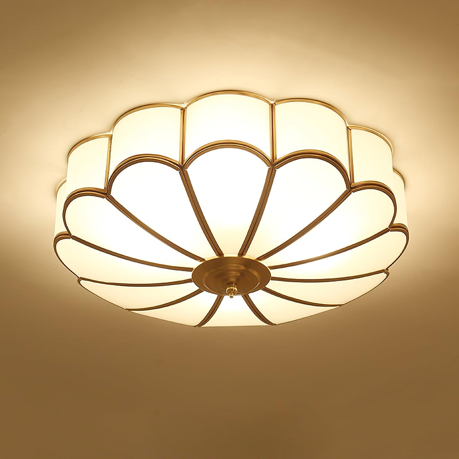 Brass Flower Shape Flush Mount Ceiling Light Frosted Glass Scalloped