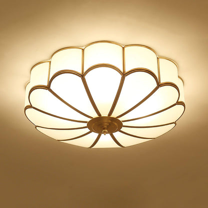 Brass Flower Shape Flush Mount Ceiling Light Frosted Glass Scalloped