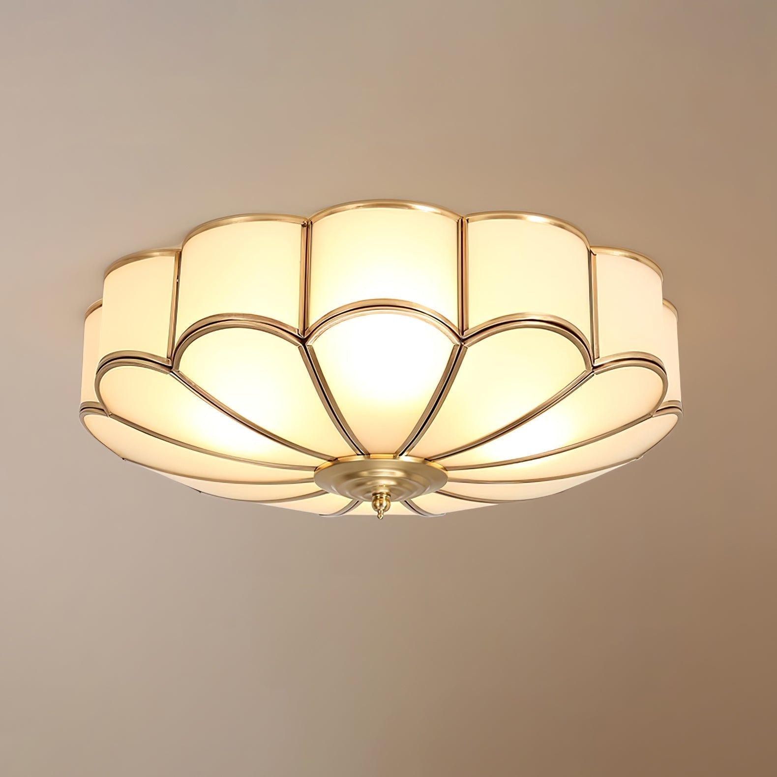 Brass Flower Shape Flush Mount Ceiling Light Frosted Glass Scalloped