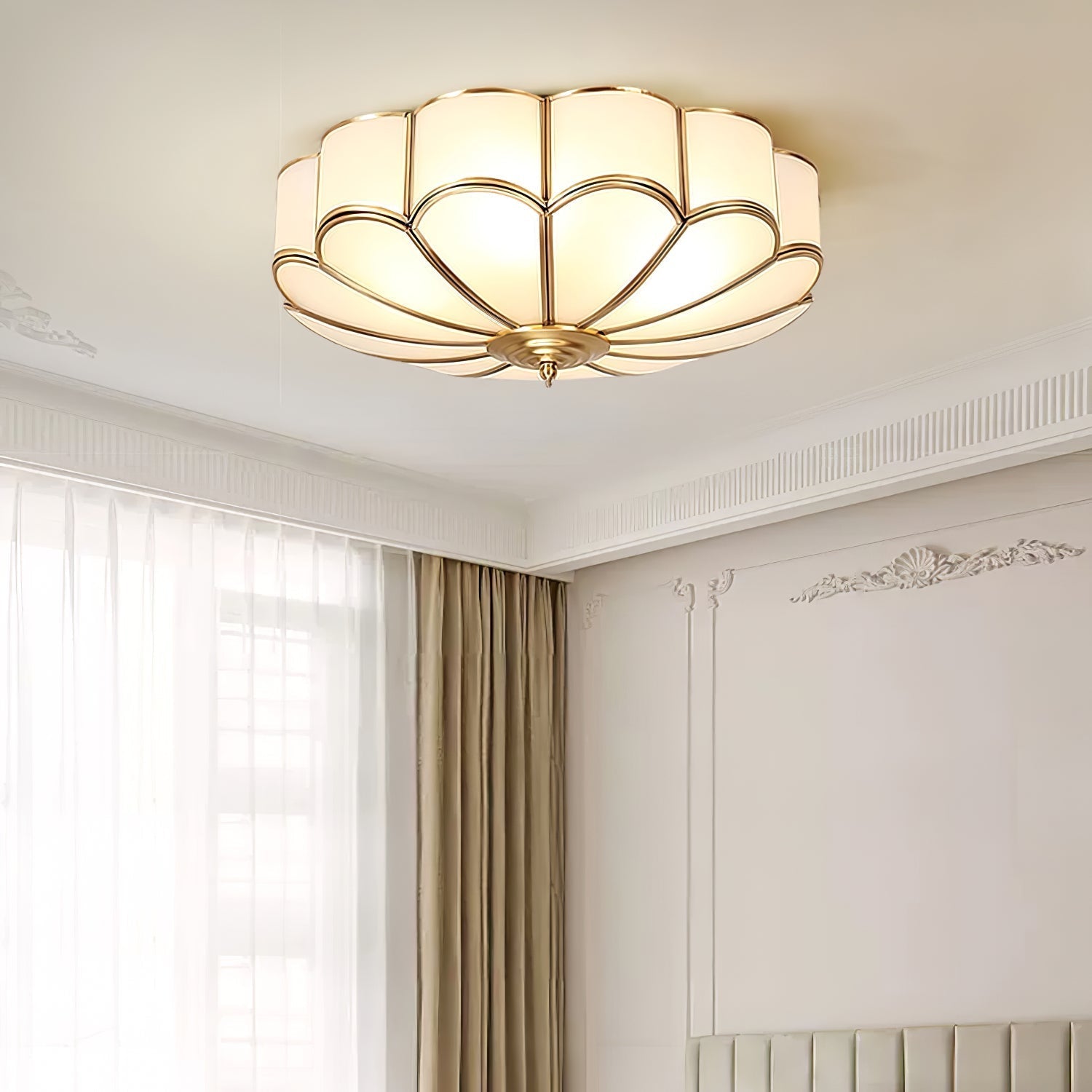Brass Flower Shape Flush Mount Ceiling Light Frosted Glass Scalloped