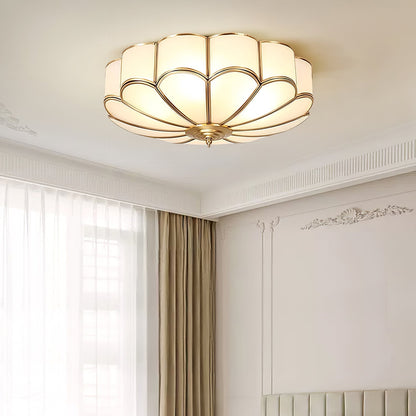 Brass Flower Shape Flush Mount Ceiling Light Frosted Glass Scalloped