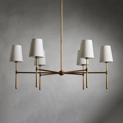 Brass Mid Century Chandelier Linen Shade Four Six Arm Ceiling Light