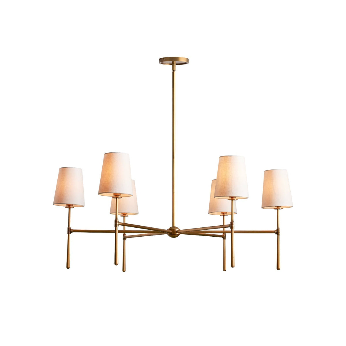 Brass Mid Century Chandelier Linen Shade Four Six Arm Ceiling Light