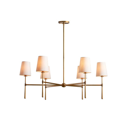 Brass Mid Century Chandelier Linen Shade Four Six Arm Ceiling Light