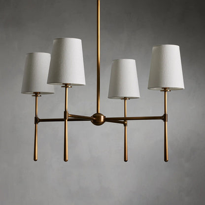 Brass Mid Century Chandelier Linen Shade Four Six Arm Ceiling Light