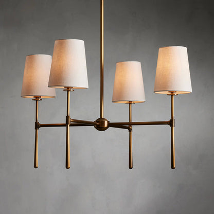 Brass Mid Century Chandelier Linen Shade Four Six Arm Ceiling Light