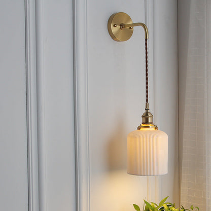 Brass Ribbed Shade Wall Light Japandi Hanging Bedside Wall Sconce