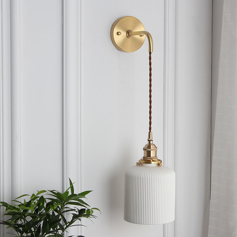 Brass Ribbed Shade Wall Light Japandi Hanging Bedside Wall Sconce