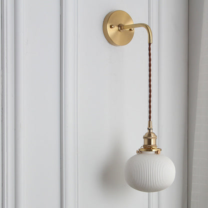 Brass Ribbed Shade Wall Light Japandi Hanging Bedside Wall Sconce