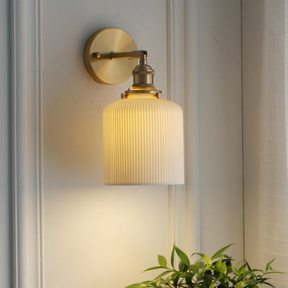 Brass Ribbed Shade Wall Light Japandi Hanging Bedside Wall Sconce