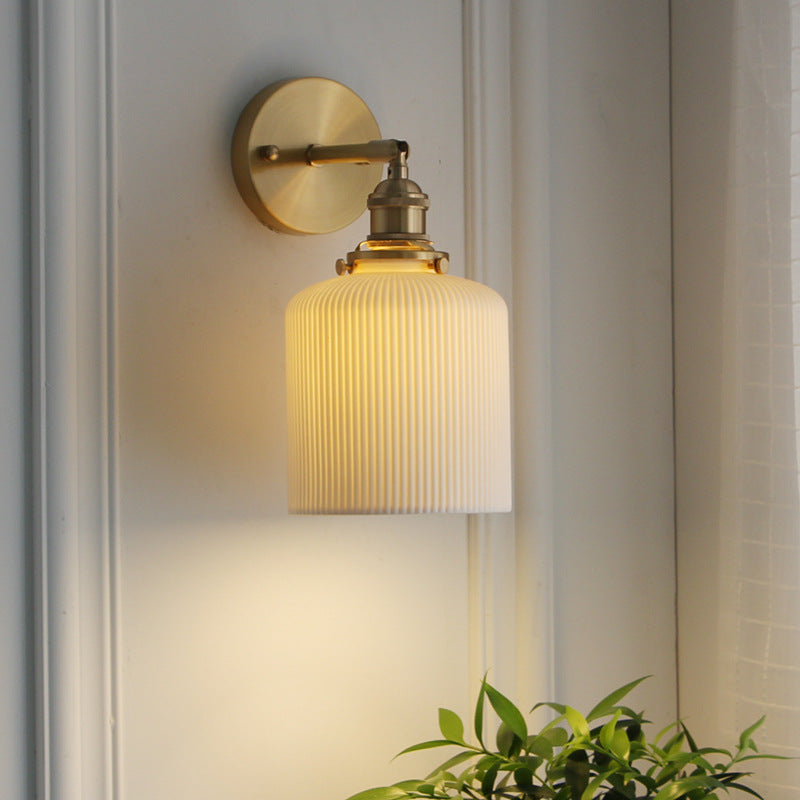 Brass Ribbed Shade Wall Light Japandi Hanging Bedside Wall Sconce