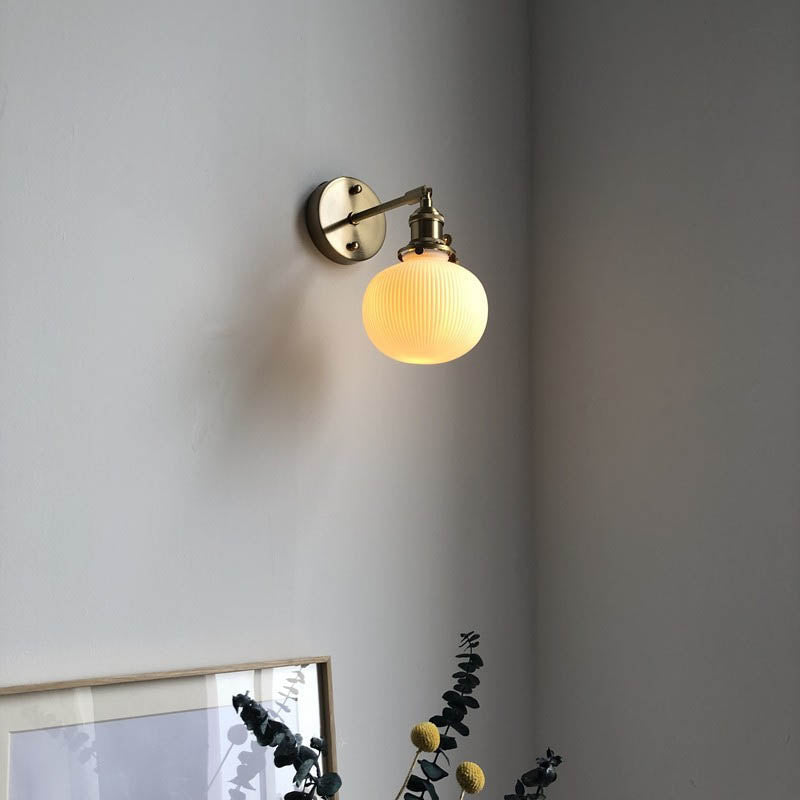 Brass Ribbed Shade Wall Light Japandi Hanging Bedside Wall Sconce