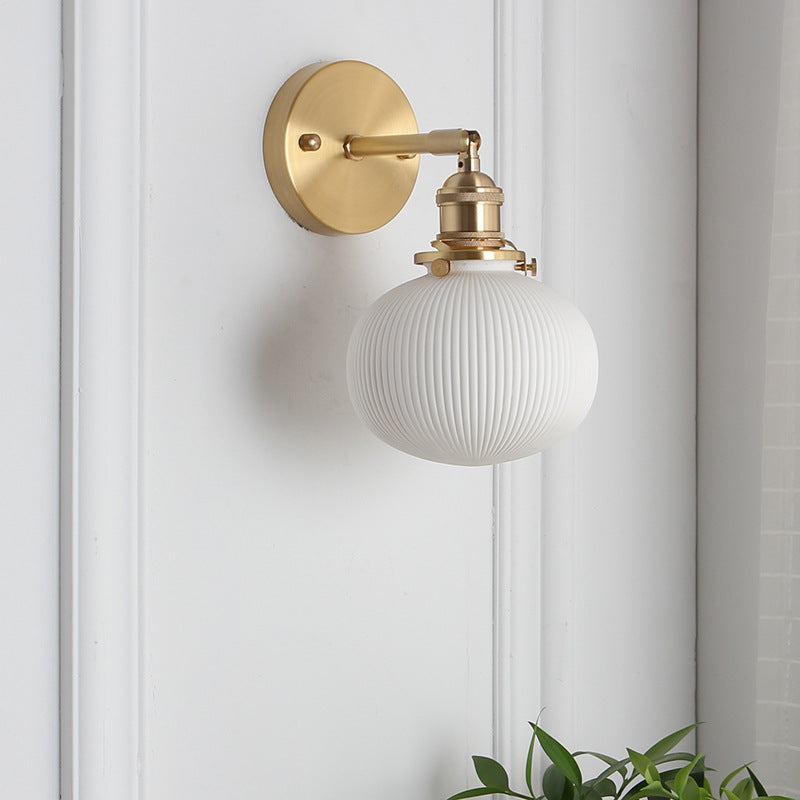 Brass Ribbed Shade Wall Light Japandi Hanging Bedside Wall Sconce