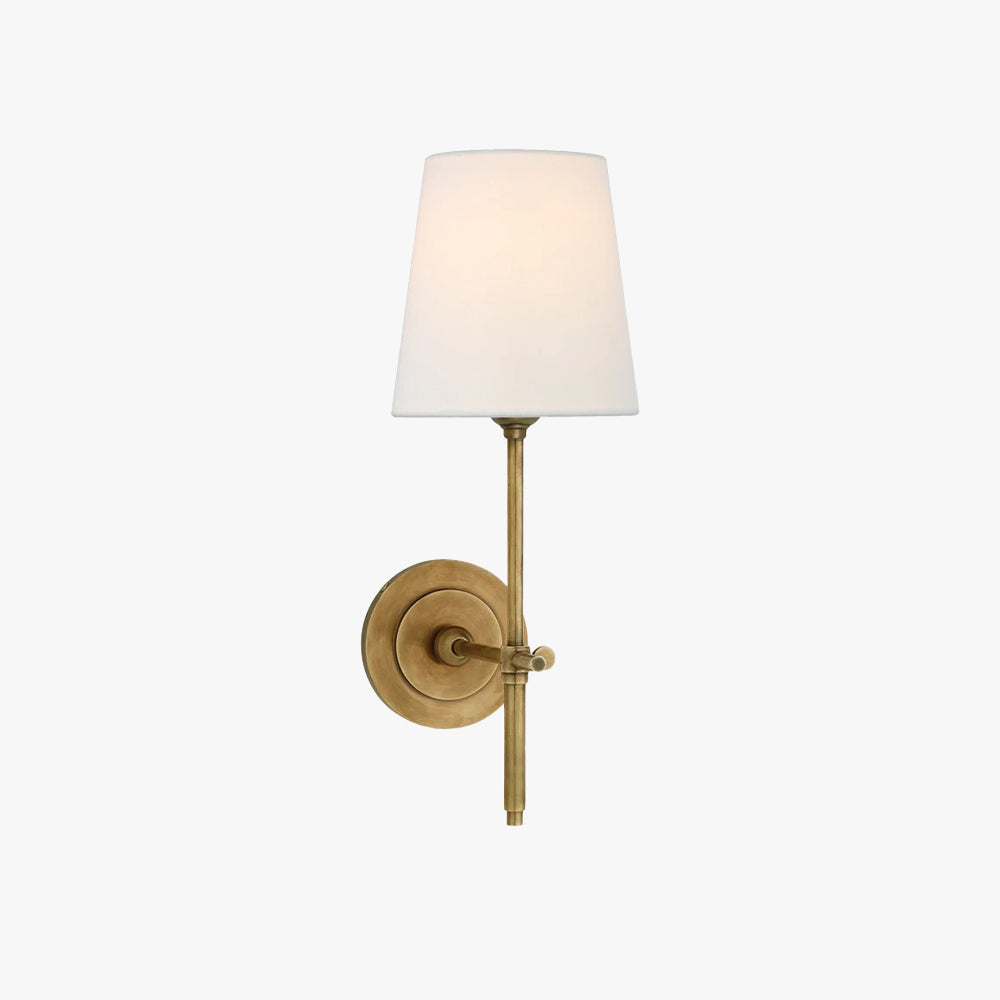 Brass Wall Light Tapered Fabric Shade Bedroom Wall Sconce