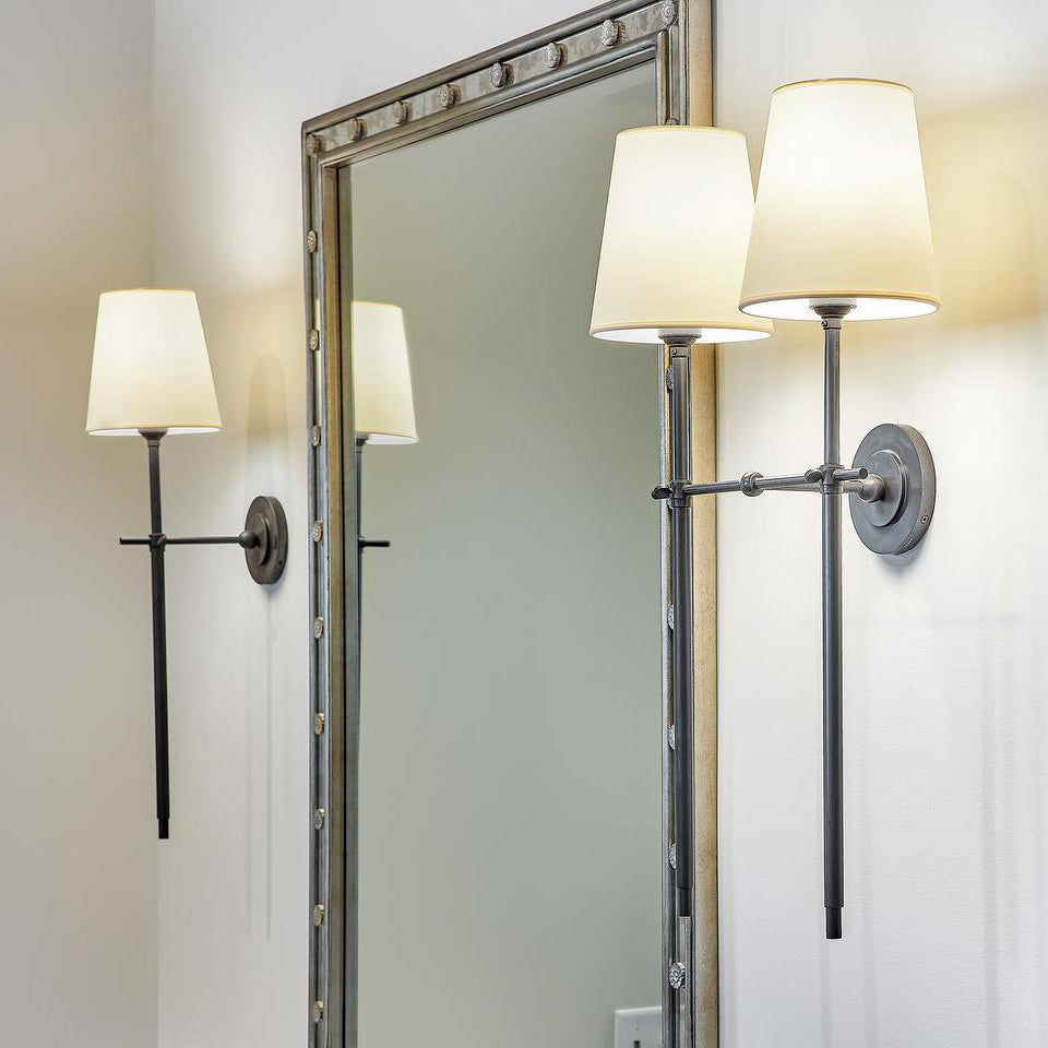 Brass Wall Light Tapered Fabric Shade Bedroom Wall Sconce