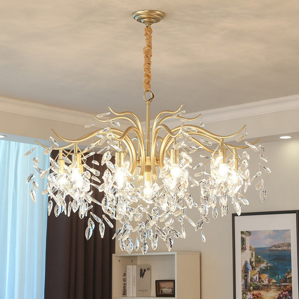 Cascading Crystal Branch Chandelier With Gold Frame