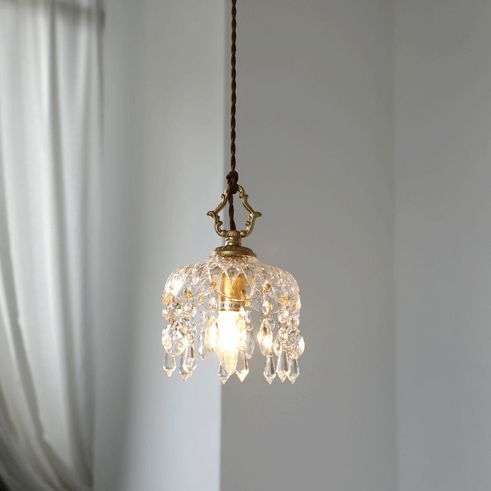 Clear Crystal Glass Floral Pendant Light Copper Vintage Ceiling Pendant