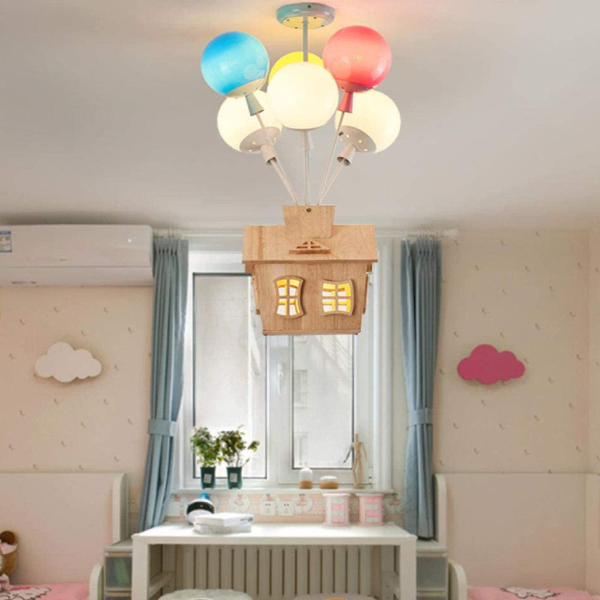 Colourful Balloon House Kids Flush Mount Ceiling Light In Wood And Acrylic