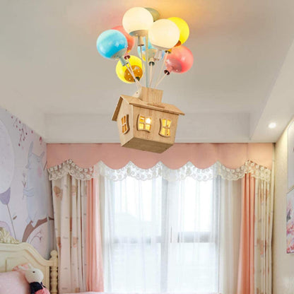 Colourful Balloon House Kids Flush Mount Ceiling Light In Wood And Acrylic