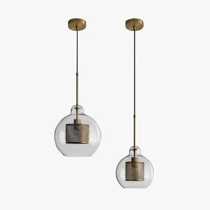 Contemporary Glass Globe Pendant Light With Metal Mesh Inner Shade In Gold Or Silver