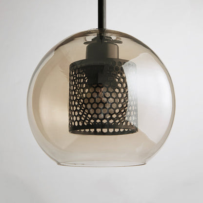Contemporary Glass Globe Pendant Light With Metal Mesh Inner Shade In Gold Or Silver