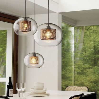 Contemporary Glass Globe Pendant Light With Metal Mesh Inner Shade In Gold Or Silver