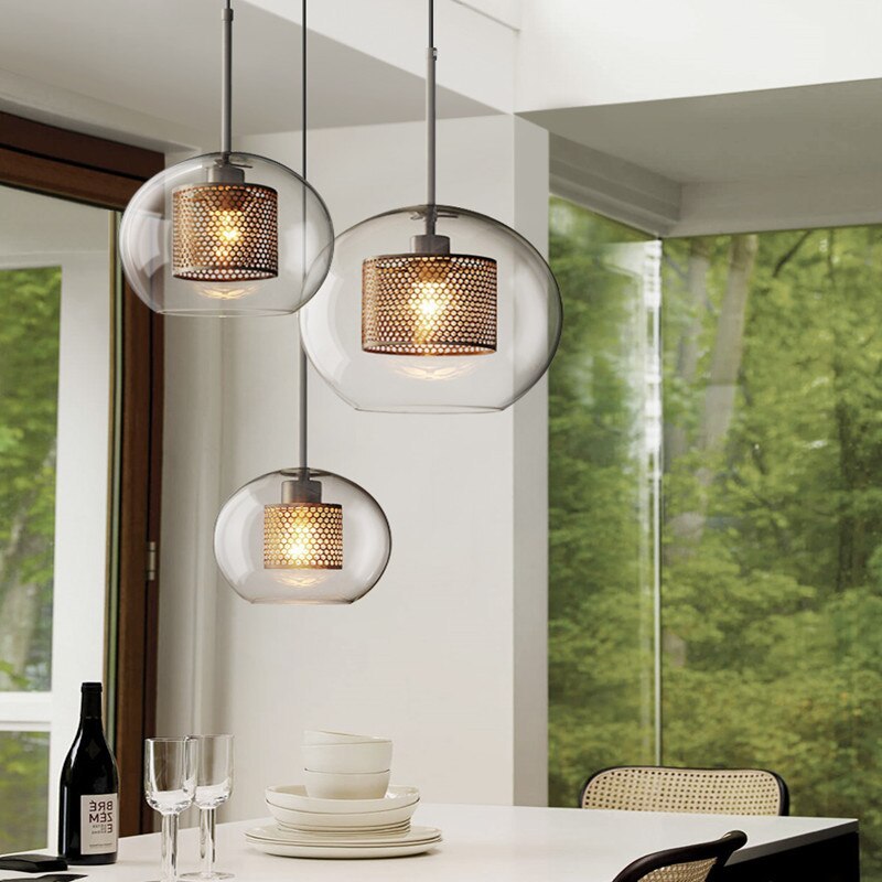 Contemporary Glass Globe Pendant Light With Metal Mesh Inner Shade In Gold Or Silver