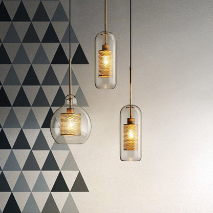 Contemporary Glass Globe Pendant Light With Metal Mesh Inner Shade In Gold Or Silver