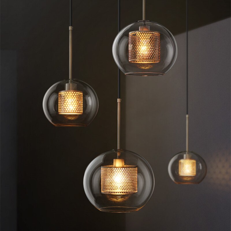 Contemporary Glass Globe Pendant Light With Metal Mesh Inner Shade In Gold Or Silver