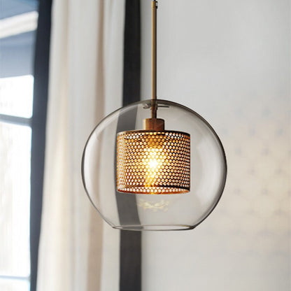 Contemporary Glass Globe Pendant Light With Metal Mesh Inner Shade In Gold Or Silver