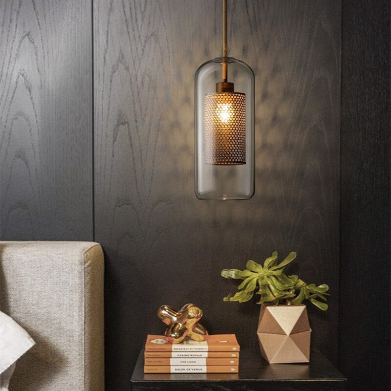 Contemporary Glass Globe Pendant Light With Metal Mesh Inner Shade In Gold Or Silver