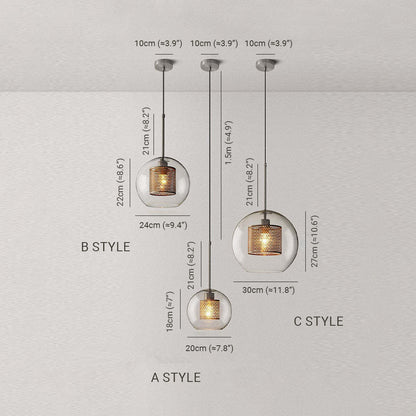 Contemporary Glass Globe Pendant Light With Metal Mesh Inner Shade In Gold Or Silver