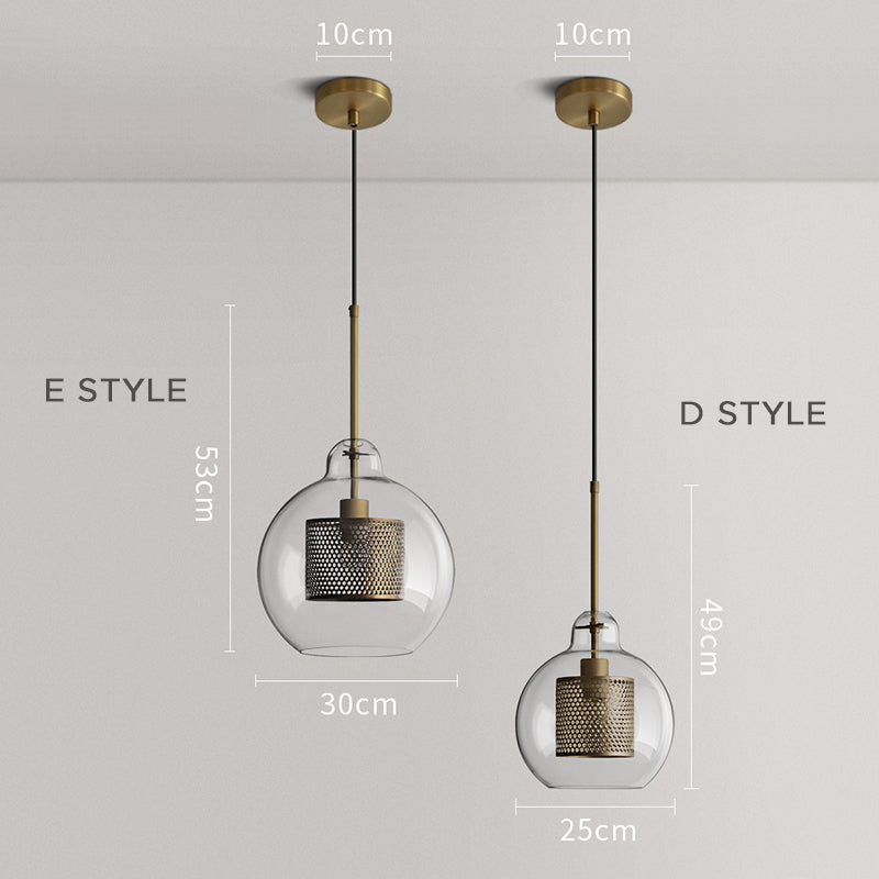 Contemporary Glass Globe Pendant Light With Metal Mesh Inner Shade In Gold Or Silver