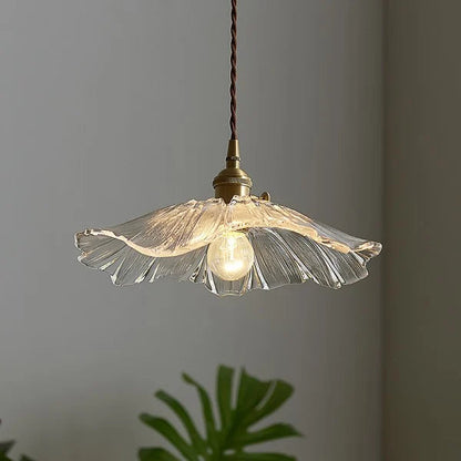 Flower Petal Glass Pendant Light Scalloped Shade Brass Pink Vintage