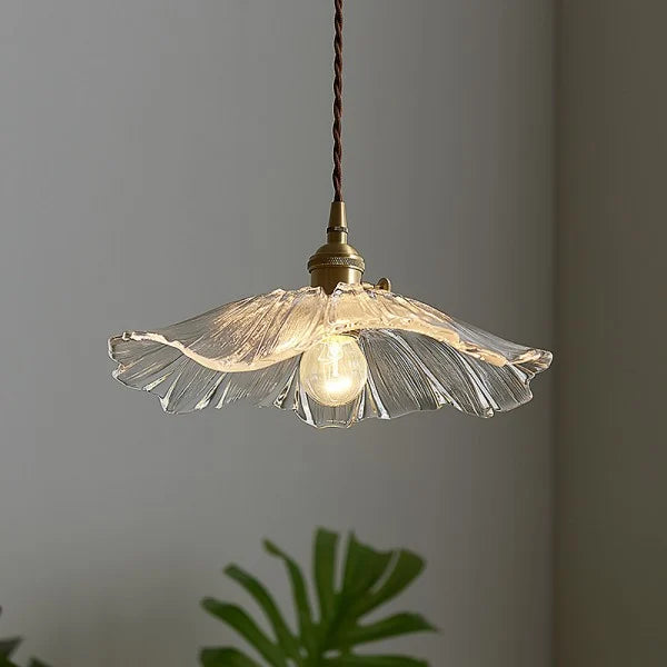 Flower Petal Glass Pendant Light Scalloped Shade Brass Pink Vintage