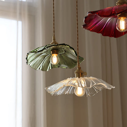 Flower Petal Glass Pendant Light Scalloped Shade Brass Pink Vintage