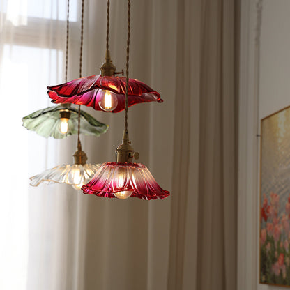 Flower Petal Glass Pendant Light Scalloped Shade Brass Pink Vintage