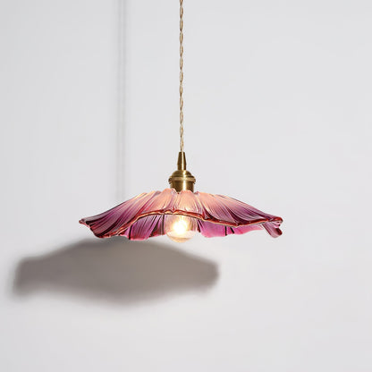 Flower Petal Glass Pendant Light Scalloped Shade Brass Pink Vintage