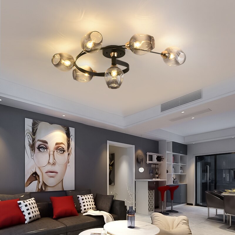 Glass Globe Cluster Semi Flush Ceiling Light Black and Gold Multi Head