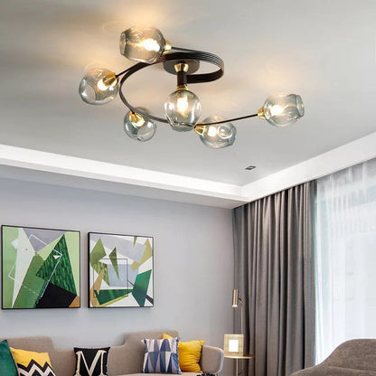 Glass Globe Cluster Semi Flush Ceiling Light Black and Gold Multi Head