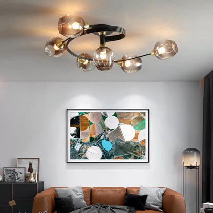 Glass Globe Cluster Semi Flush Ceiling Light Black and Gold Multi Head