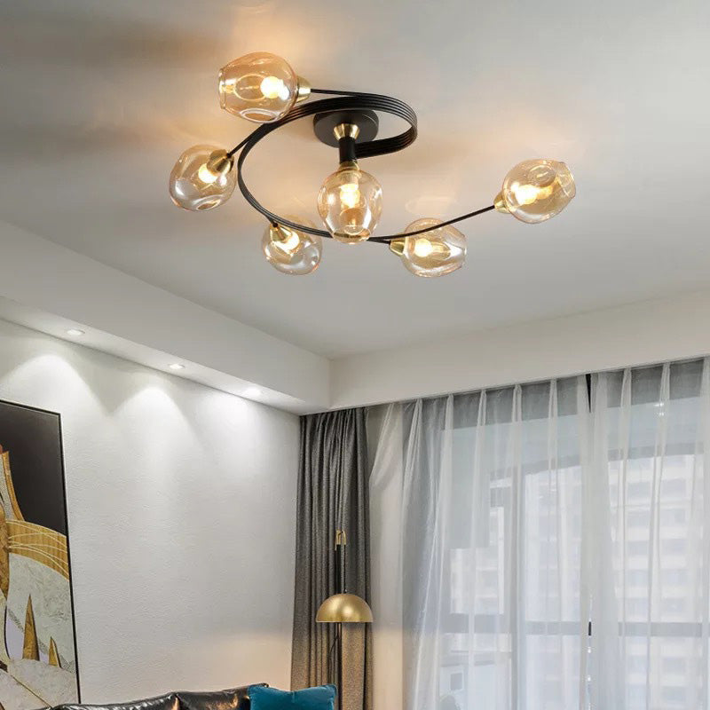 Glass Globe Cluster Semi Flush Ceiling Light Black and Gold Multi Head