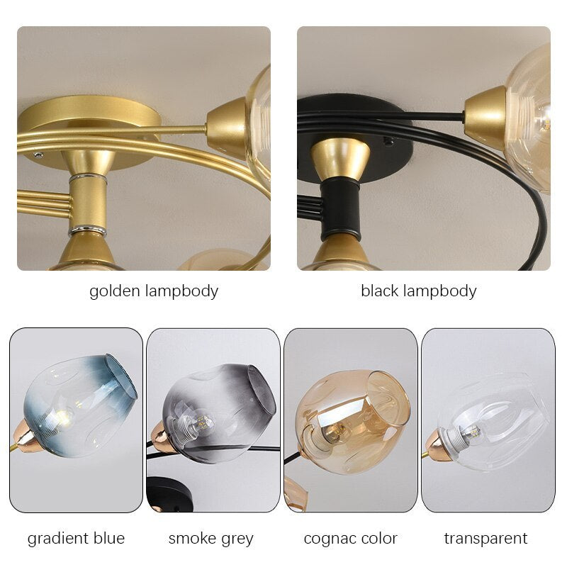 Glass Globe Cluster Semi Flush Ceiling Light Black and Gold Multi Head