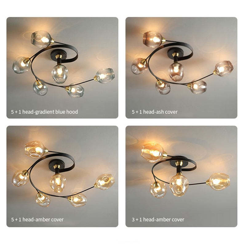 Glass Globe Cluster Semi Flush Ceiling Light Black and Gold Multi Head