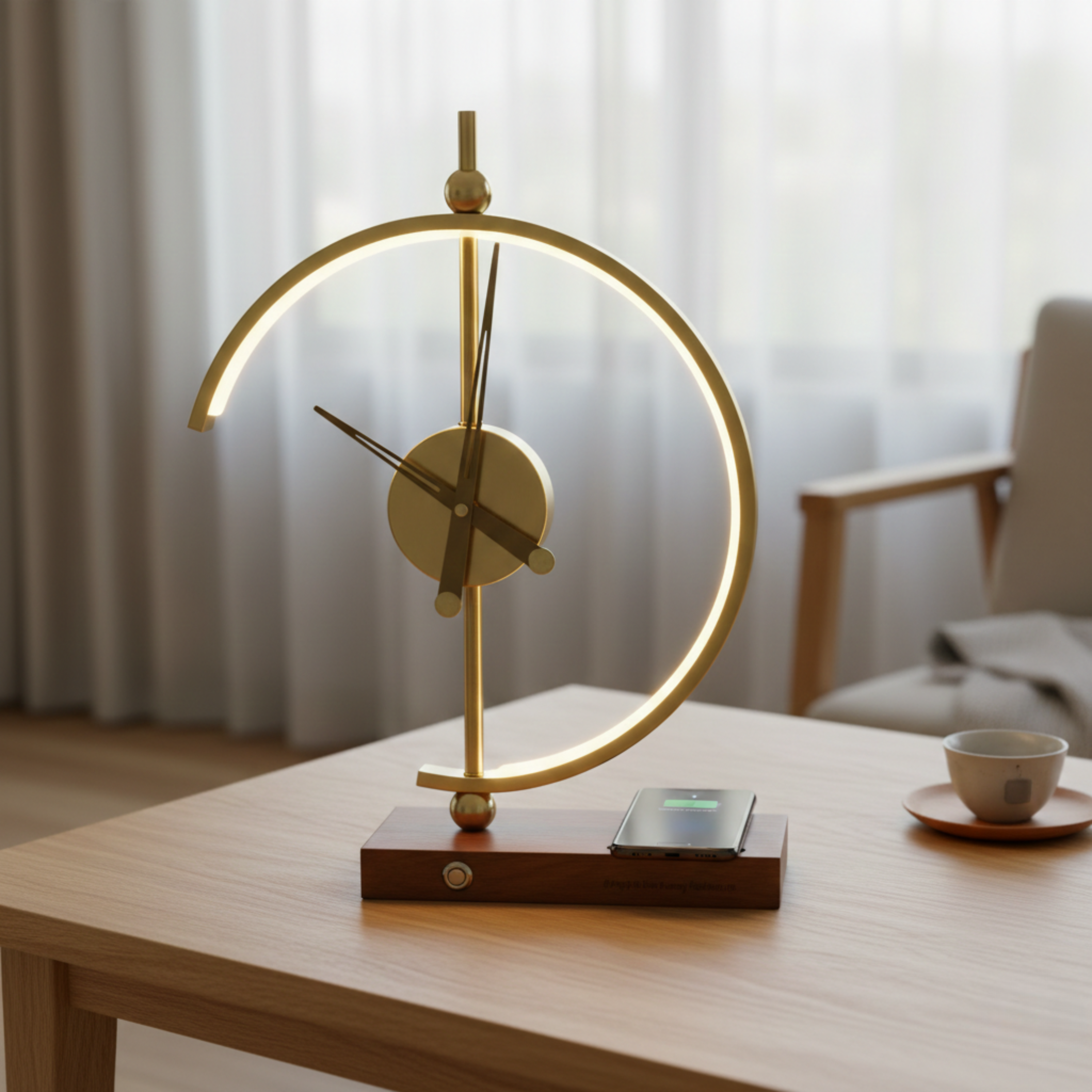 Gold LED Table Lamp With Clock And Qi Wireless Charging Pad