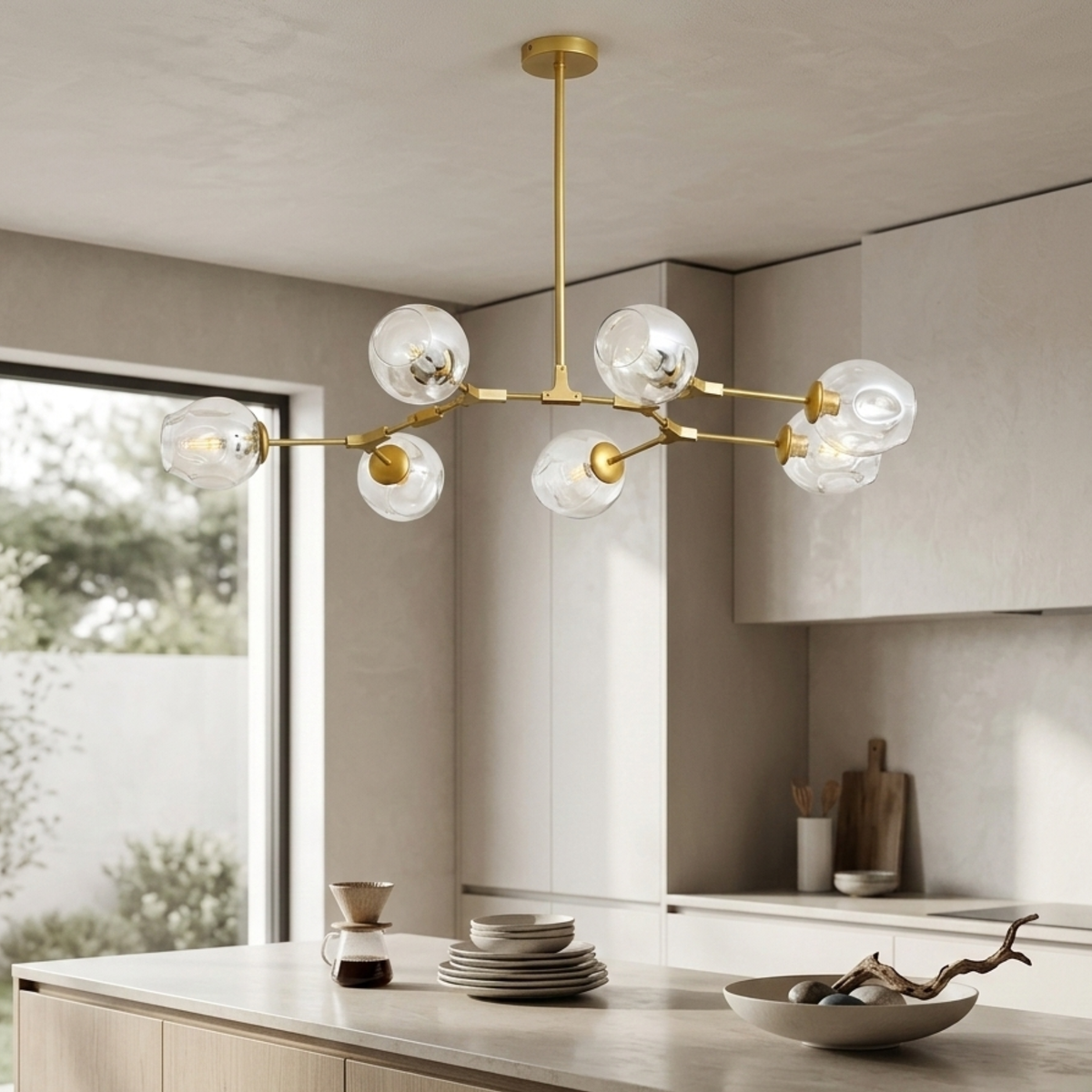 Gold Mid Century Clear Glass Globe Chandelier Branching Ceiling Light