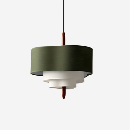 Green Fabric Tiered Drum Pendant Light Wood Accent Scandinavian Ceiling Pendant