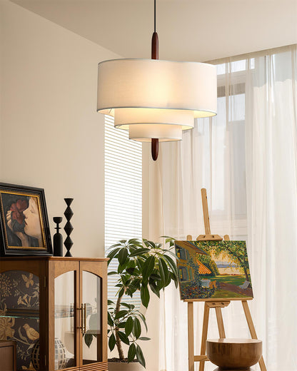 Green Fabric Tiered Drum Pendant Light Wood Accent Scandinavian Ceiling Pendant